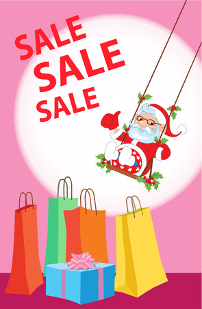 Santa sitting on a swing with mistletoe and rolls sale gifts  illustration Christmas saleのイラスト素材