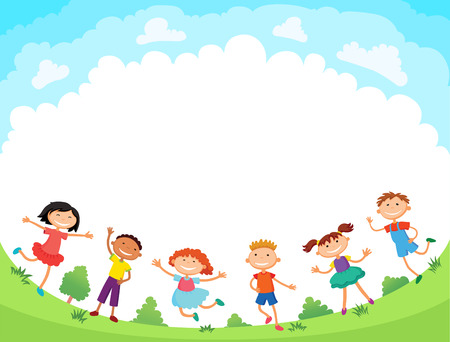 children are jumping on the glade, bunner cartoon funny vector, Ready for your message. blank template character. illustrationのイラスト素材