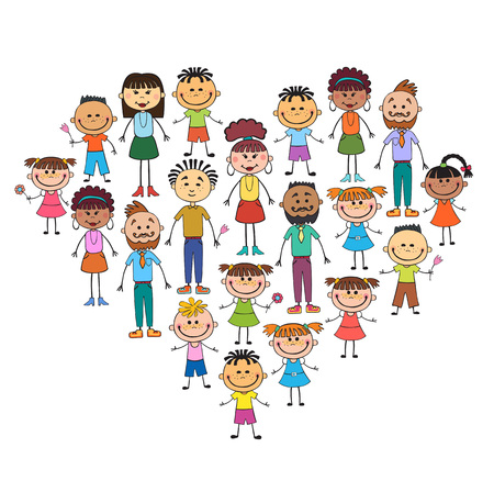 Cartoon baby faces in heart shaped frame vector face, love, smile, illustration, childhood, kid, global, associations, unions, internationally, crowd, many, society,のイラスト素材