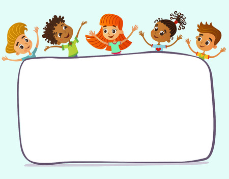 Children near paper. Template for advertising brochure. Ready for your message. Kid pointing at a blank big sale. Funny cartoon character. Vector illustrationのイラスト素材