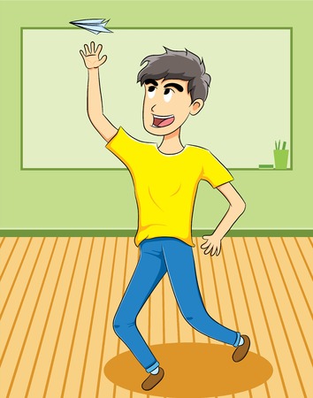 Student throwing paper airplane toyのイラスト素材