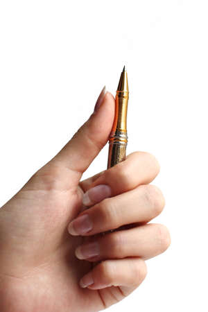 Feman hand holding pen facing up on white backgroundの写真素材