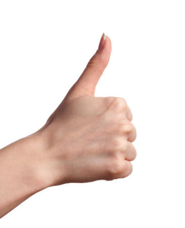 Woman hand showing thumbs up gesture isolated