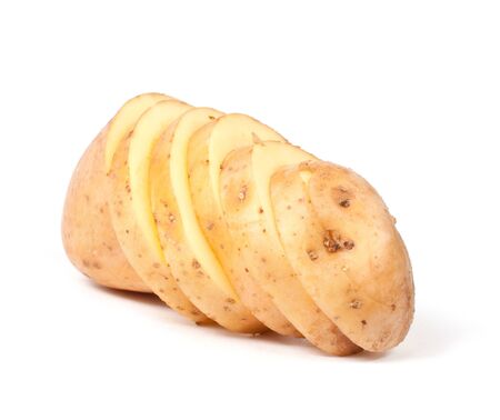 Sliced yellow potatoes isolated on white backgroundの写真素材