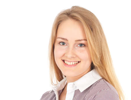 Attractive business woman smiling happily in camera on white backgroundの写真素材