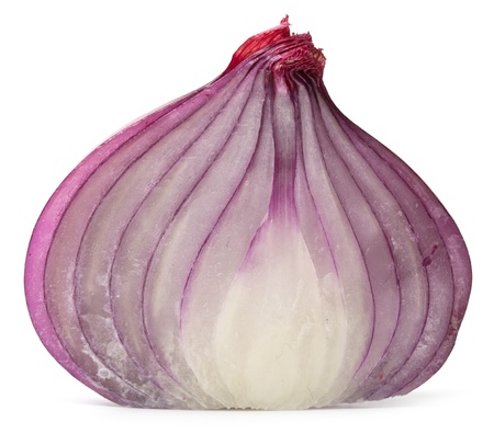 Peeled red onion cut on white background with shadowの写真素材