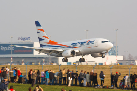PRAGUE - MARCH 14: Smartwings Boeing B737 lands in PRG Airport on March 14,2014. Smart Wings is a low-cost airline with its head office on the property of Vaclav Havel Airport Prague.のeditorial素材