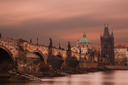 Charles bridge after sunset with blur sky after sunsetのeditorial素材