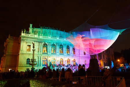 PRAGUE - OCTOBER 18, 2015: 1.26 by Janet Echelaman on Palackeho Square during the Prague Light festival Signalのeditorial素材
