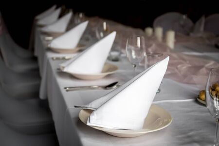 Table is prepared for happy wedding feastの写真素材