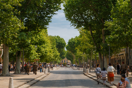 Aix-en-Provence, France - May 26, 2017: Street Cours Mirabeau is 440 meters long and 42 meters wide with lot of streets and fontains the most popular place in the townのeditorial素材