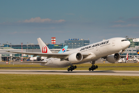 PRAGUE - JULY 17: B777 Japan airlines take off from PRG in Prague, CZE on July 17, 2017. Japan Airlines ( JAL ) operates almost 900 daily flights.のeditorial素材