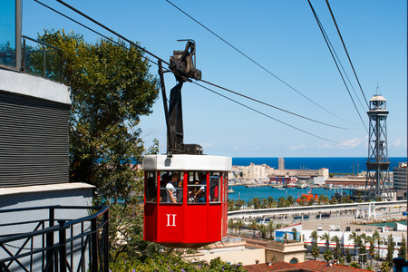 BARCELONA, SPAIN - AUGUST 10:  Cableway called Teleferico connect hill Montjuic with harbour in Barcelona, Spain.のeditorial素材