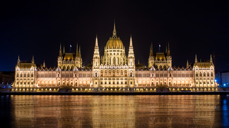 Hungarian Parliament Building on the bank of the Danube in Budapest with perfect reflectionのeditorial素材