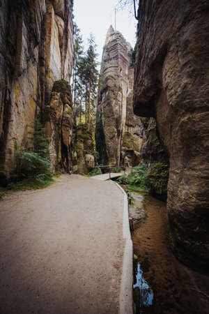 Tourist track in AdrÅ¡pach-Teplice Rocks which are an unusual set of sandstone formationsの写真素材