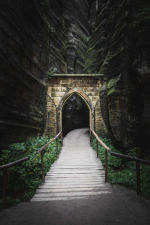Tourist track in AdrÅ¡pach-Teplice Rocks which are an unusual set of sandstone formationsの写真素材