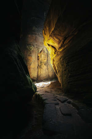 Tourist track in AdrÅ¡pach-Teplice Rocks which are an unusual set of sandstone formationsの写真素材