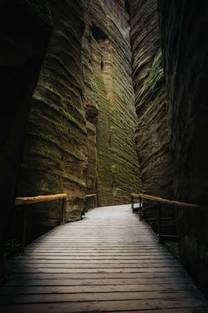 Tourist track in AdrÅ¡pach-Teplice Rocks which are an unusual set of sandstone formationsの写真素材
