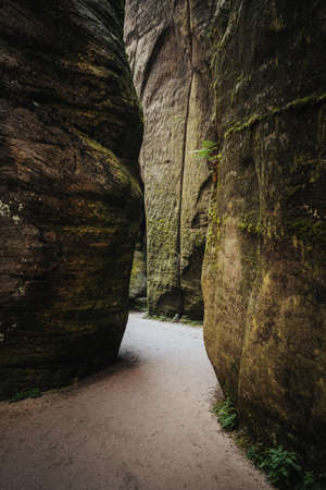 Tourist track in AdrÅ¡pach-Teplice Rocks which are an unusual set of sandstone formationsの写真素材
