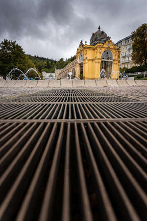 Small Bohemian spa town Marianske Lazne (Marienbad) with main colonnade with Singing fountain.の写真素材