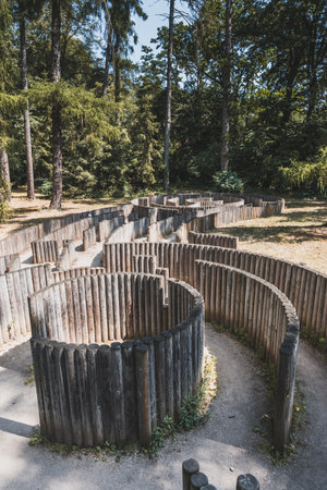 Wooden labyrinth is located at Loucen Chateau in the Czech Republic. It is a popular attraction for visitors of all ages, and provides a fun and challenging way to explore the chateau grounds.の写真素材