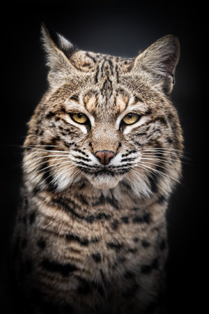 Close-up of a Eurasian Lynx face. Sharp focus on eyes and characteristic tufted ears.の写真素材