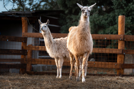 Alpaca standing in a field. Focus on its distinctive features and wool.の写真素材