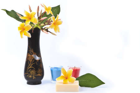 Plumeria flowers in vases, soap and candles in the spa の写真素材