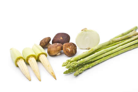 Fresh green asparagus ,mushroom ,corn  isolated on whiteの写真素材