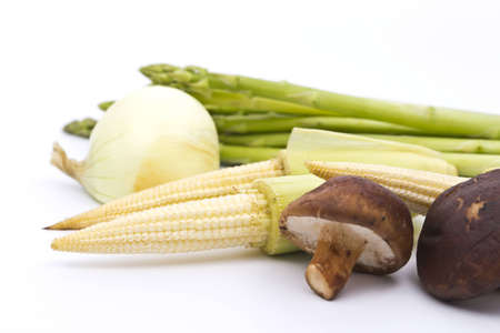 Fresh green asparagus ,mushroom ,corn  isolated on whiteの写真素材