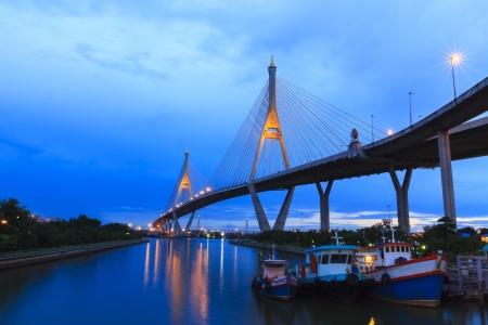 Architecture of Mega Bhumibol Industrial Ring Bridge at dusk in Thailand.のeditorial素材