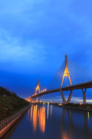 Architecture of Mega Bhumibol Industrial Ring Bridge at dusk in Thailand.のeditorial素材