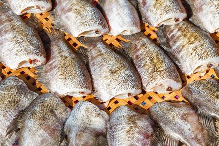 Dried fishes on sale market, Thailandの写真素材