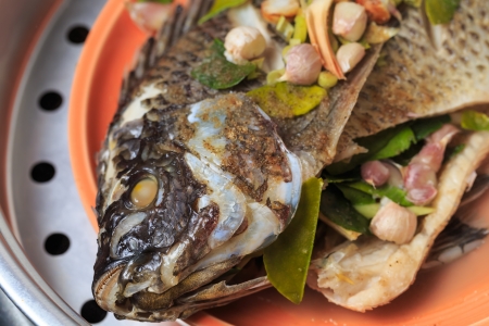 Fresh  fish with oriental ingredients ready for steaming.の写真素材