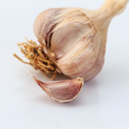 fresh garlic isolated on whiteの写真素材
