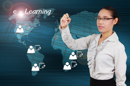 Woman writing e-Learning concept of system online on the internet network.の写真素材