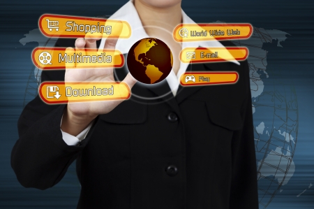Businessman touching virtual screen on a Links Shopping, Multimedia, Email, Download, World Wide Web. Concept of business technology.の写真素材