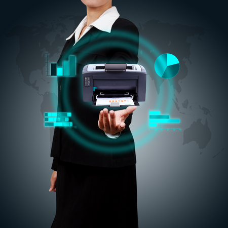 Business Woman showing printer and various graphs concept of business reporting 