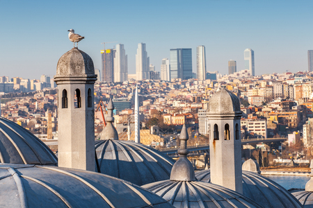 View  from  across the domes of the Suleymaniye Mosque towards the city of new Istanbulのeditorial素材