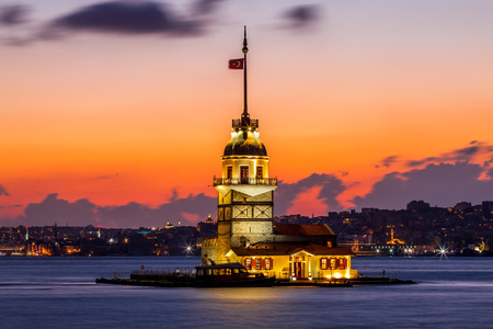 Evening view of Maiden's Tower in Istanbul on the Bosphorus strait.のeditorial素材