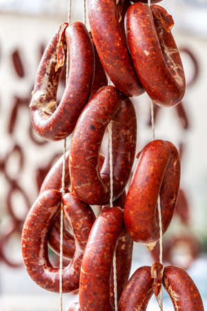 Drying homemade Turkish kangal sausageの写真素材