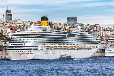 ISTANBUL, TURKEY - 10.23.2014: A cruise ship (Costa Pacifica) in Istanbul Port, Galata - Besiktas the Sea of Marmara, popular travel destination and significant passway between Europe and Asia. Bosphorus cruise.のeditorial素材