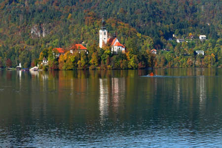 Autumn colours at Lake Bled, Slovenja, Europeの写真素材