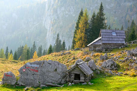 Wooden huts in Triglav National Park, Slovenja, Europeの写真素材