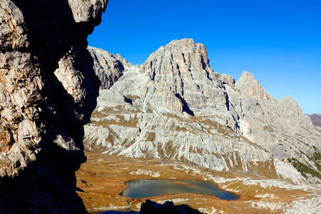 Mountain peak of Monte Paterno or Paternkofel (2744 m.), natural park of Tre Cime di Lavaredo or Drei Zinnen, Dolomites, Veneto, Trentino-Alto Adige, Itの写真素材