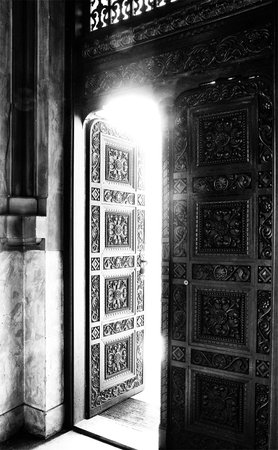 The old door in the temple. Black and white tone. Monochrome.