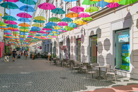 Street view with colorful umbrellas. Belgrade is the capital and largest city of Serbia.