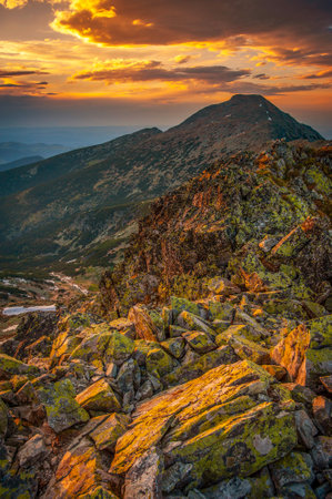 Spring sunset landscape in Retezat Mountains, Romania, Europeの写真素材