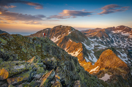 Spring sunset landscape in Retezat Mountains, Romania, Europeの写真素材