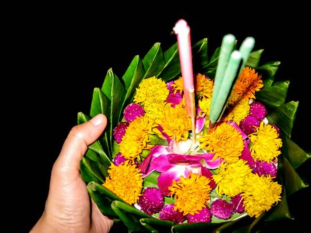 decorated buoyant (float) on Loy Kratong nightの写真素材